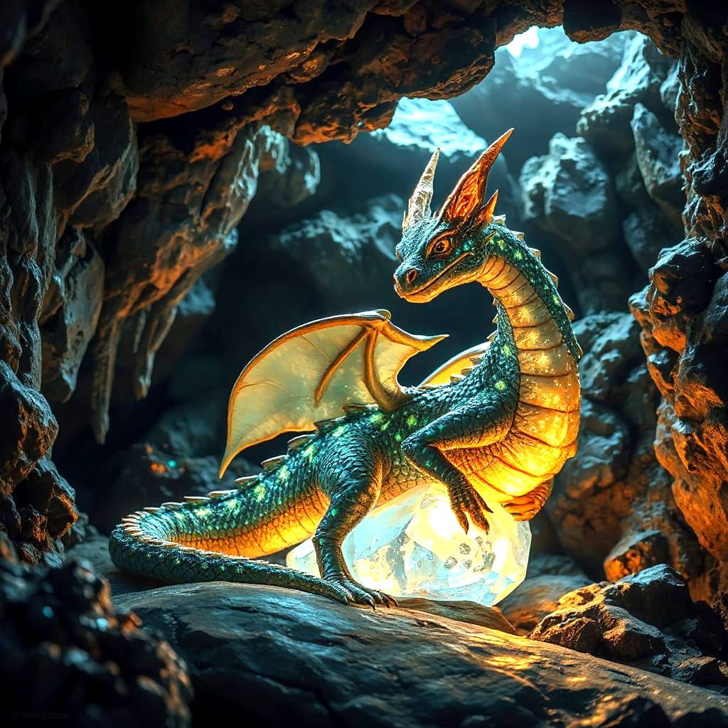 A whimsical, bioluminescent dragon with intricate, glowing patterns on its scales, curled around a giant crystal in a fantastical cave. The ...