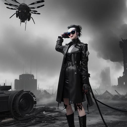 Cyberpunk black and white photography, medium shot, female g...