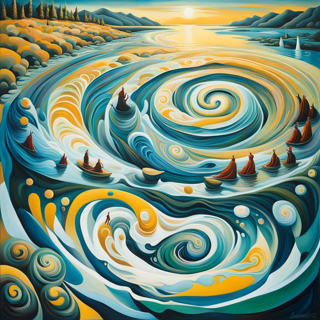 An oil painting of a powerful, surreal river scene: A whirlp...