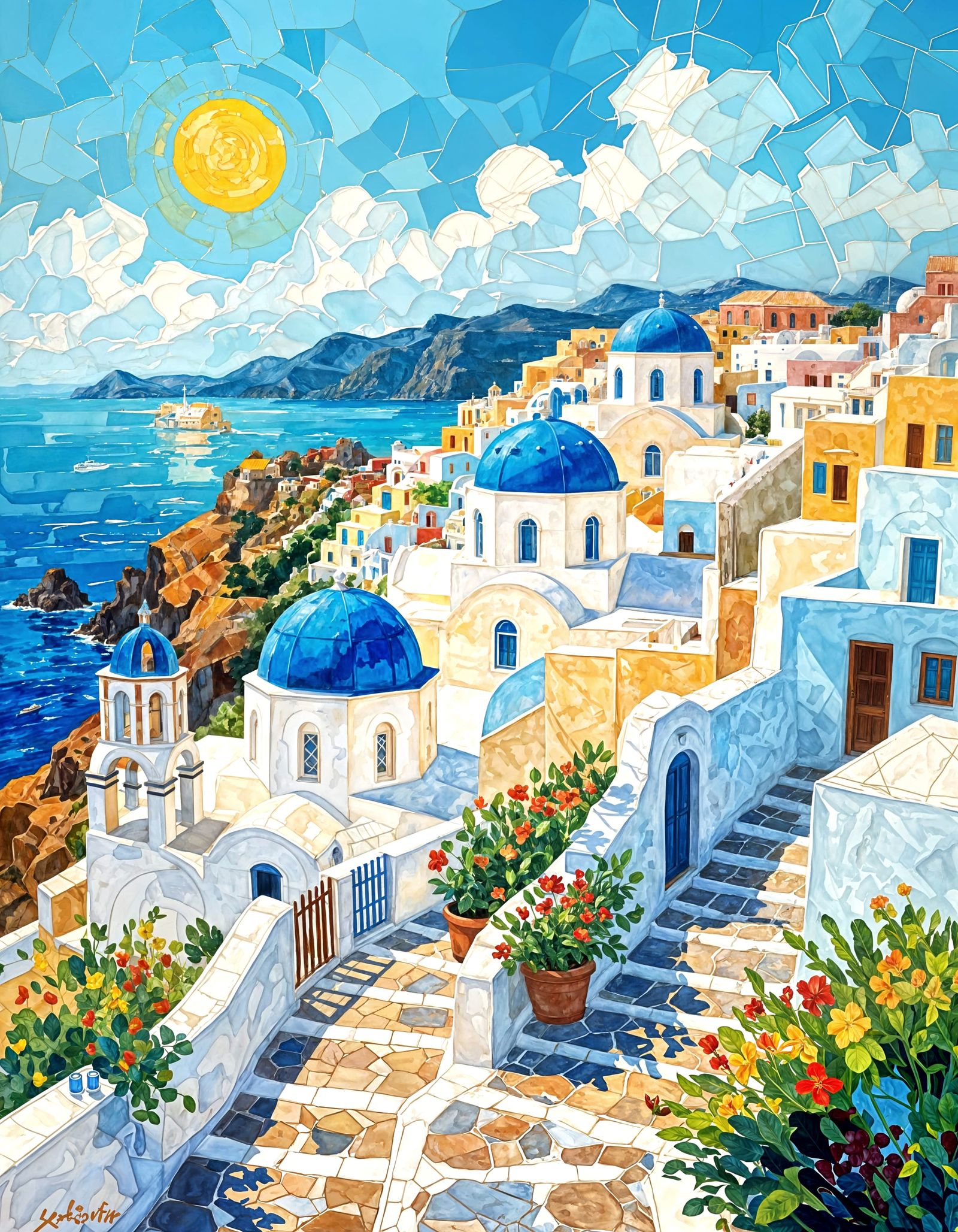 Greek Seaside City in Vibrant Gouache and Watercolor