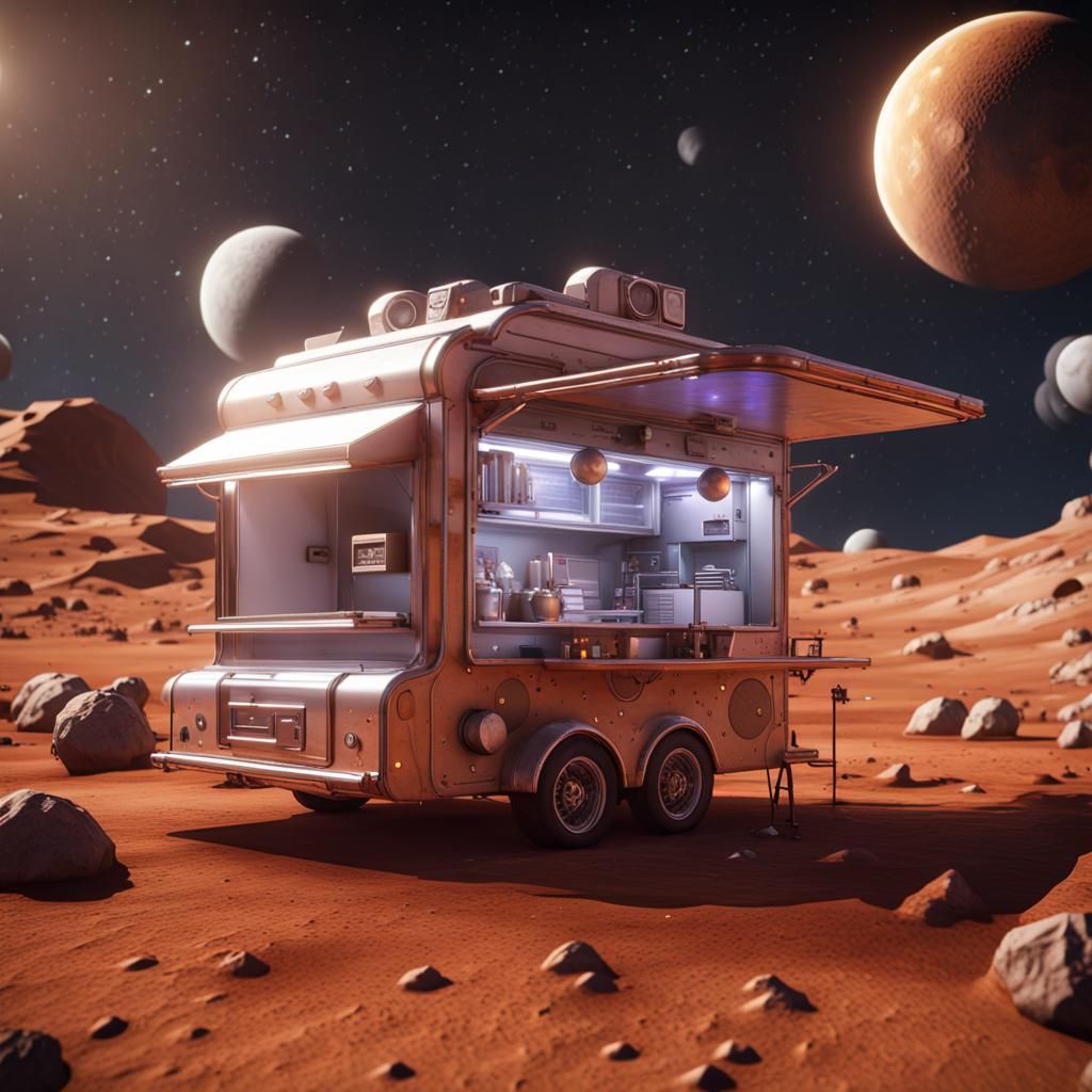 Photograph, Macro, Futuristic food truck on the moon surface...