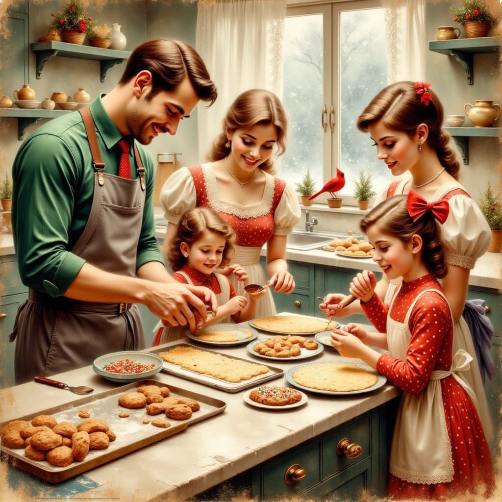 Joyful Family Baking in Vintage Holiday Kitchen