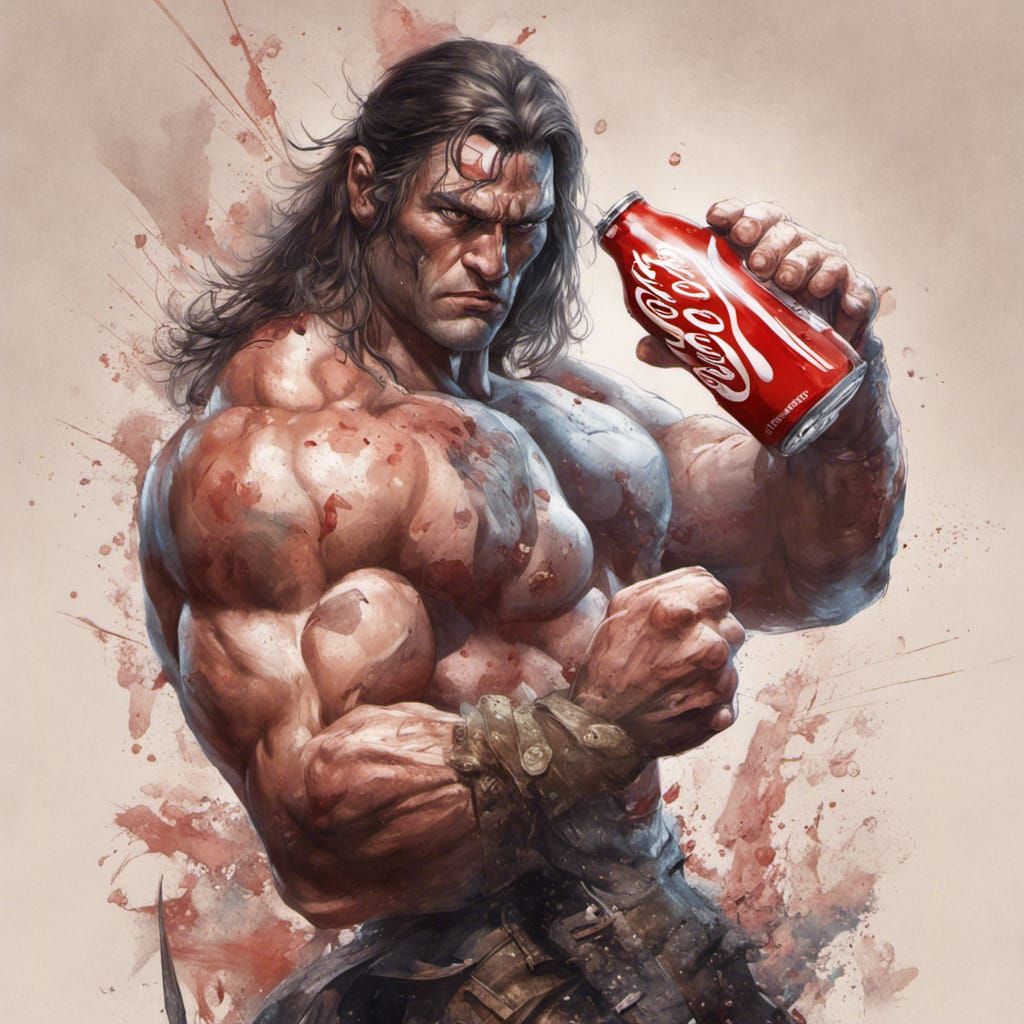 Conan the Barbarian flexing and holding a Coca-Cola