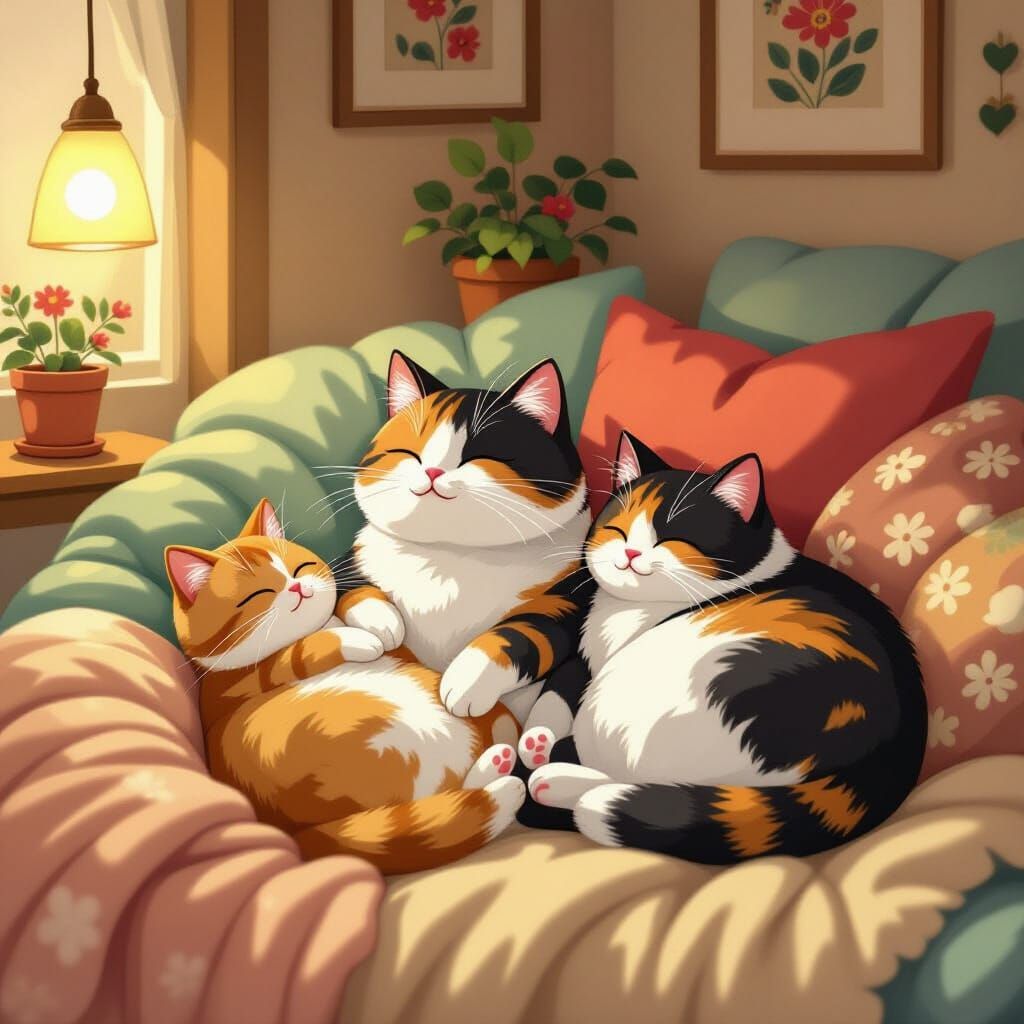 Cats Lounging in Cozy Whimsical Illustration