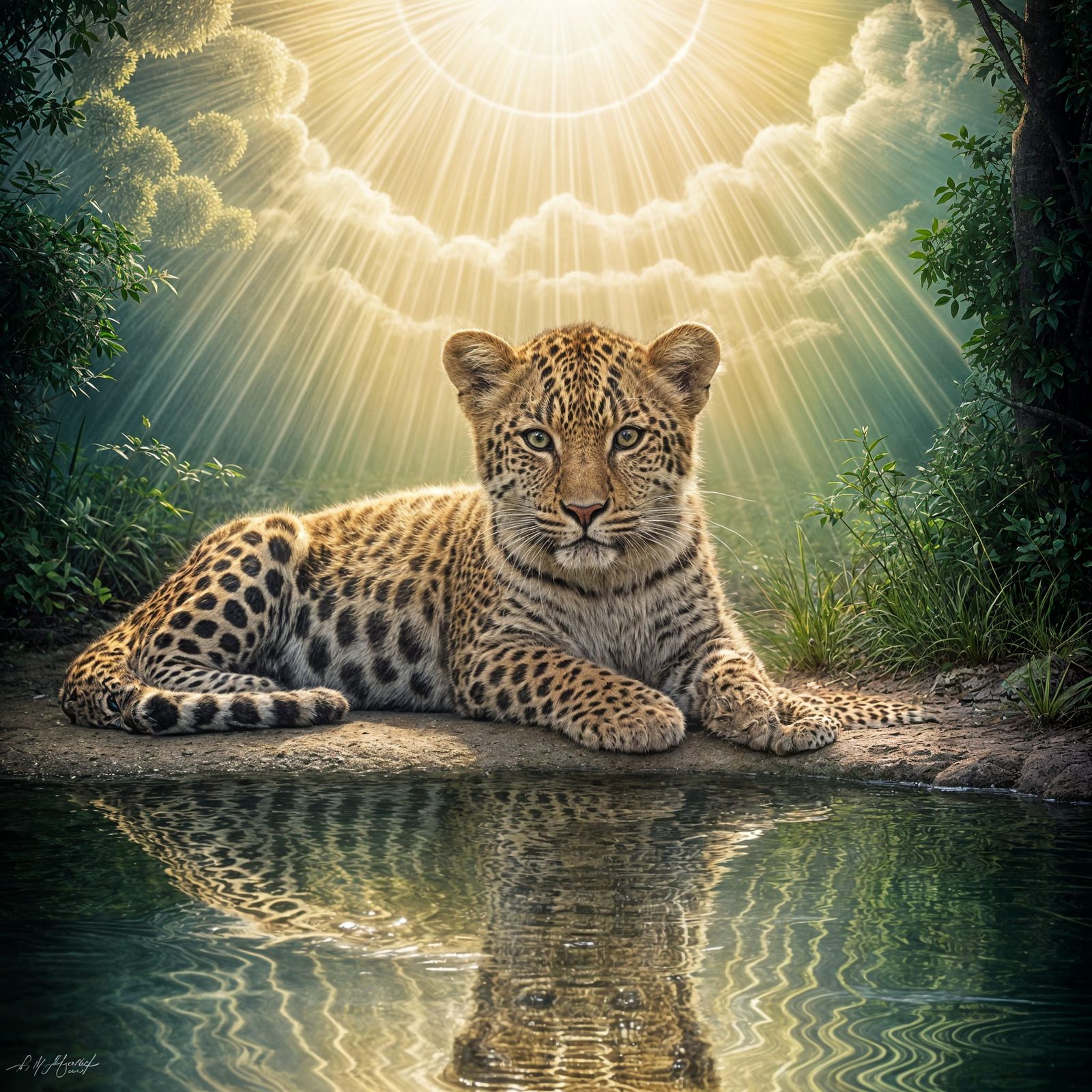 Leopard Cub Reflection in Divine Sunlight