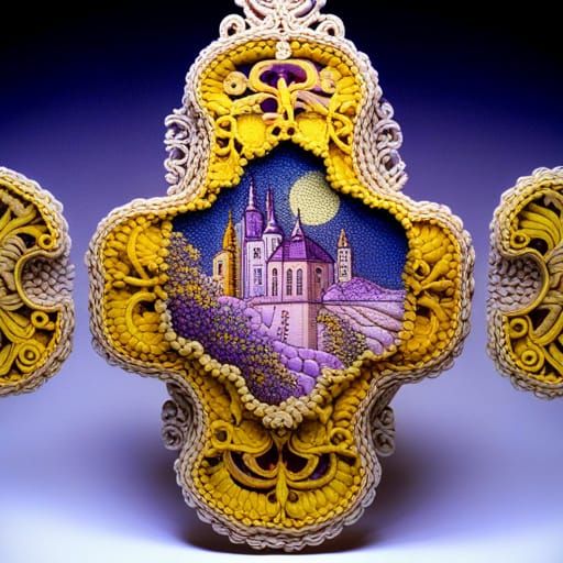 Entire village of painting imitating crochet, crochet collag...