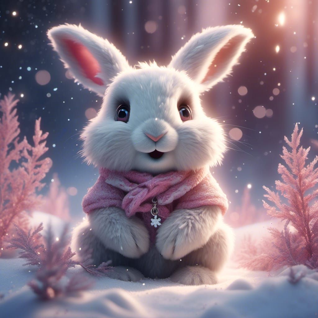 <lora:Kibo:1.0> A hyper-realistic digital artwork of an adorable cute friendly rabbit sitting in the snow, looking directly at the viewer wi...