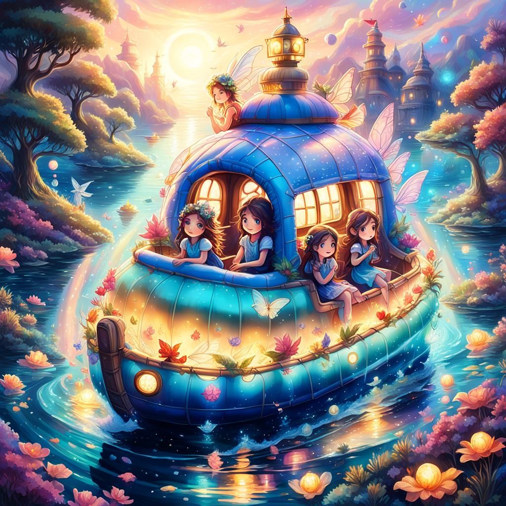 Cute fairies are sitting inside an boat. Floating on the ocean at ...