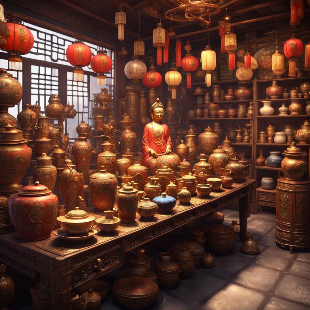 Vintage Chinese Shop Interior with Asian Treasures