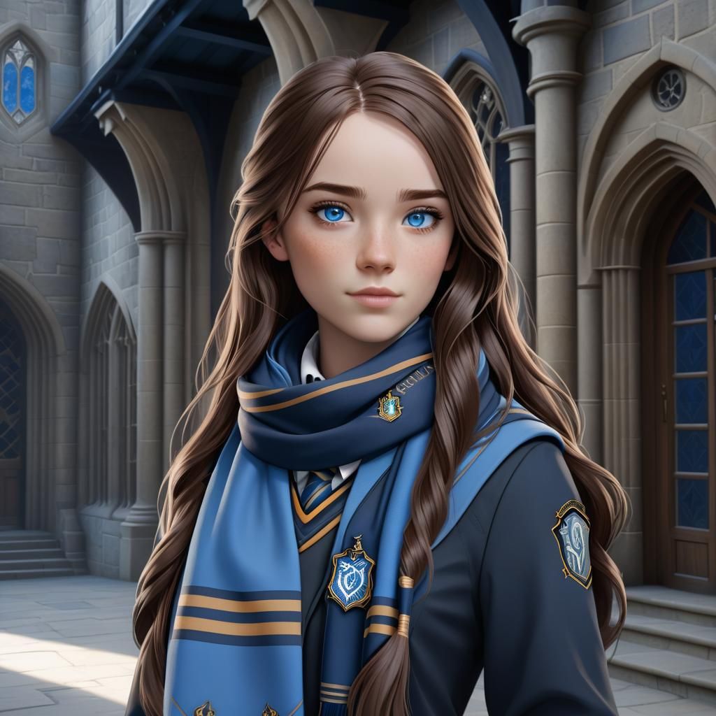 Hogwarts legacy mc, a girl with blue eyes, long brown hair, wearing a ...