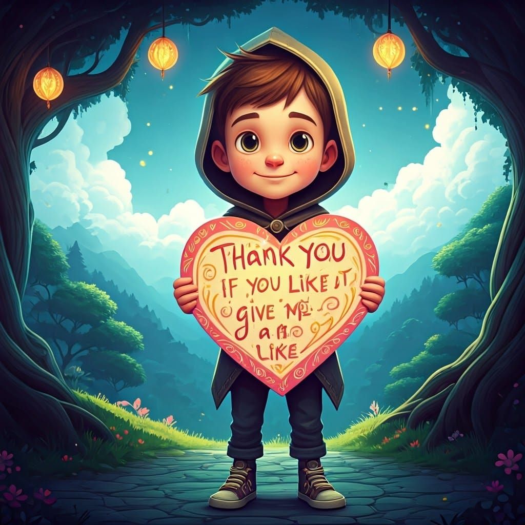 Whimsical Boy Expresses Gratitude in Dreamlike Landscape