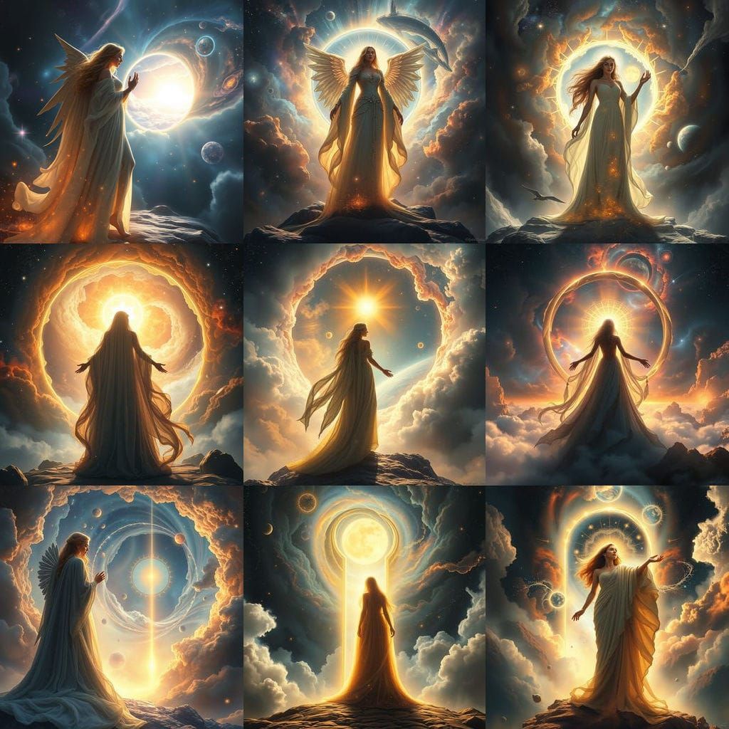 A celestial goddess, cloaked in nebulae and stardust, stands at the threshold of a shimmering cosmic portal. Her form ra...