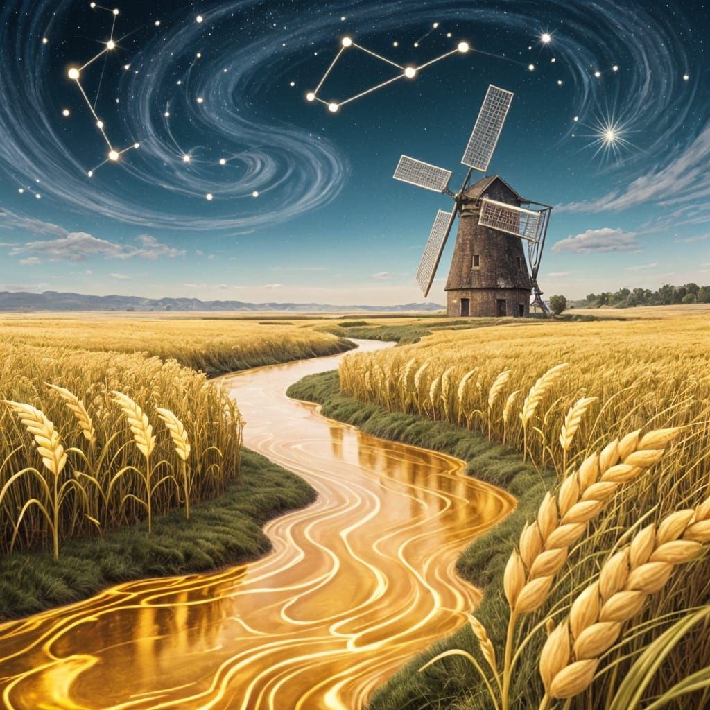 A surreal landscape where rivers of liquid gold flow through fields of glowing, oversized grains, under a sky filled with swirling constella...
