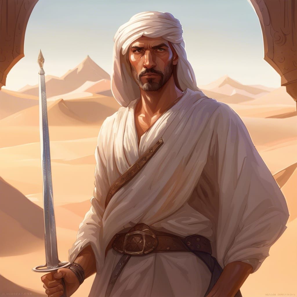 An Arab man with sharp eyes, standing in the desert holding a sword in