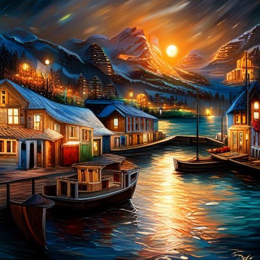 Beautiful Seaside village at night