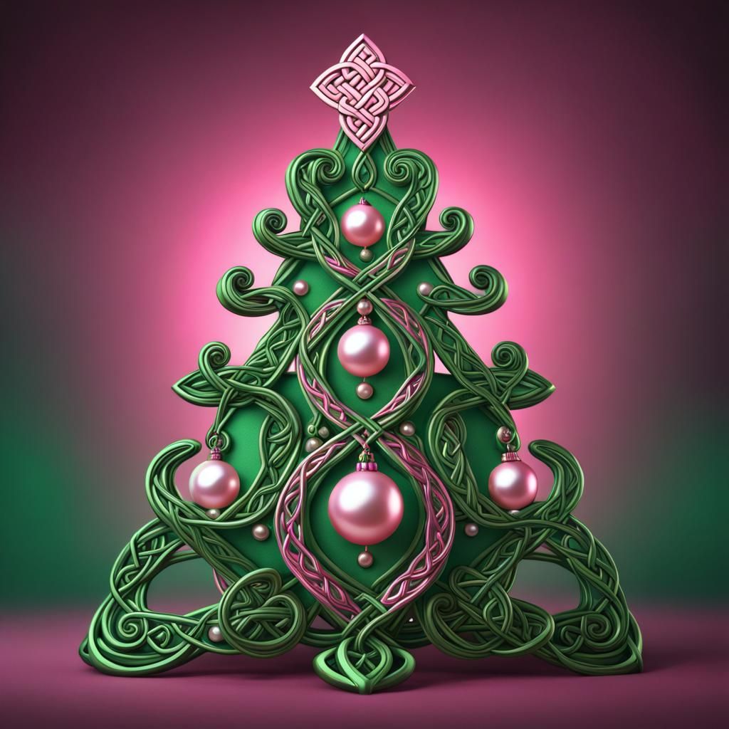 celtic knot Christmas tree elegant green and pink with pearls AI