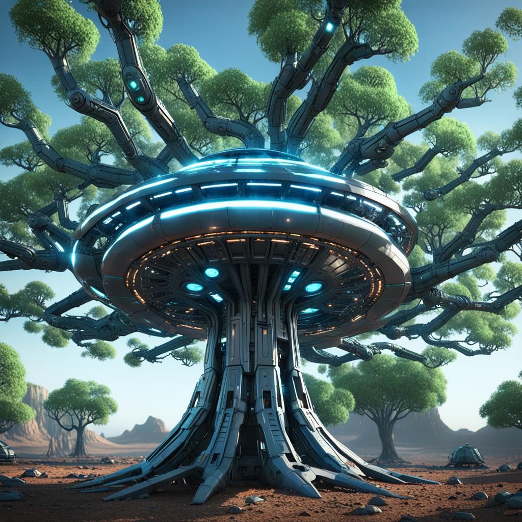 draw a tree with several large boughs each with each bough having a UFO on them intricate mech details, ground level sho...