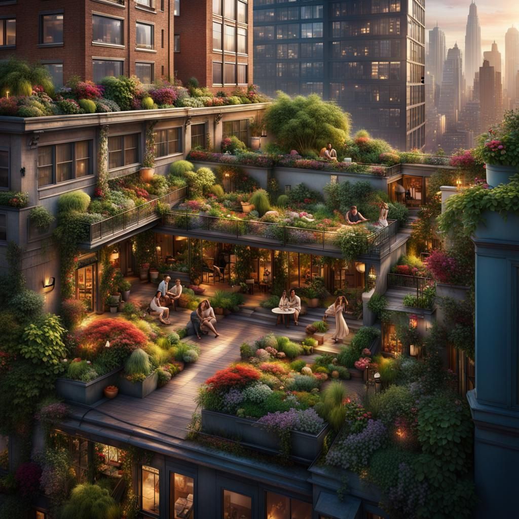 Visualize a vibrant rooftop garden in the midst of a bustling city, with lush greenery, colorful flowers, ...  by @Outil Digital
