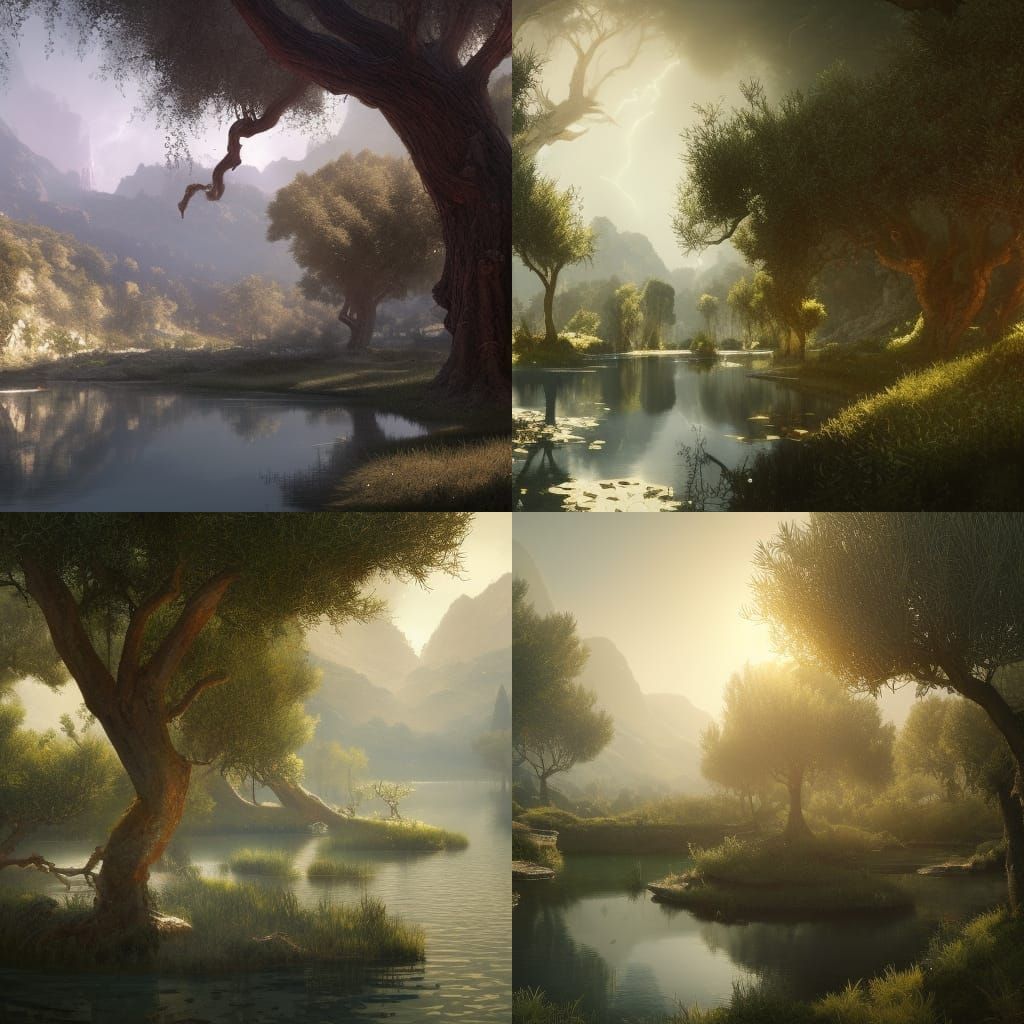 Lush Paradise lake and olive trees
