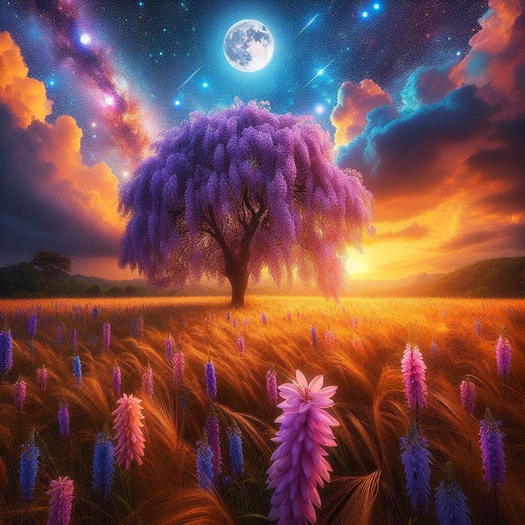 Lavender Tree Under Starry Night Sky