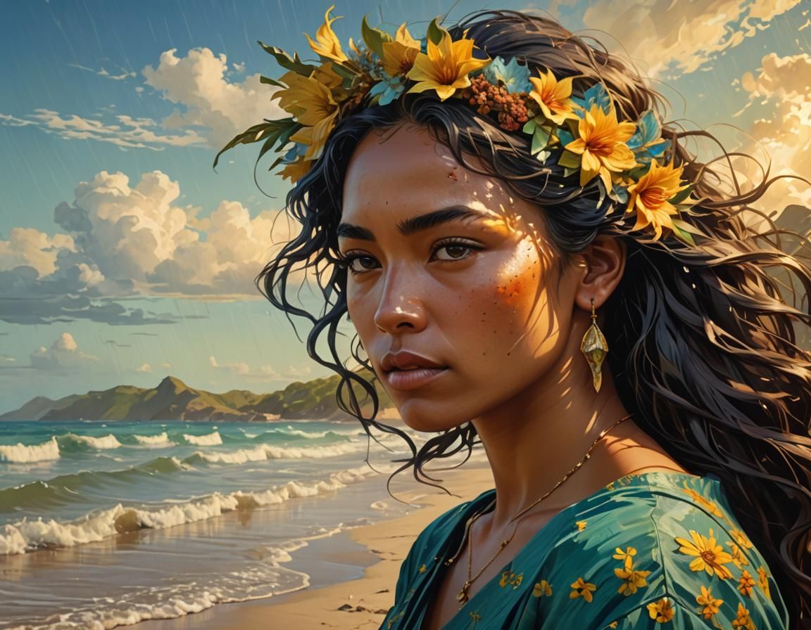 Van Gogh paints Tahitian girl on beach Hyperrealistic, splash art, concept art, mid shot, intricately ...  by @Runway Lights 