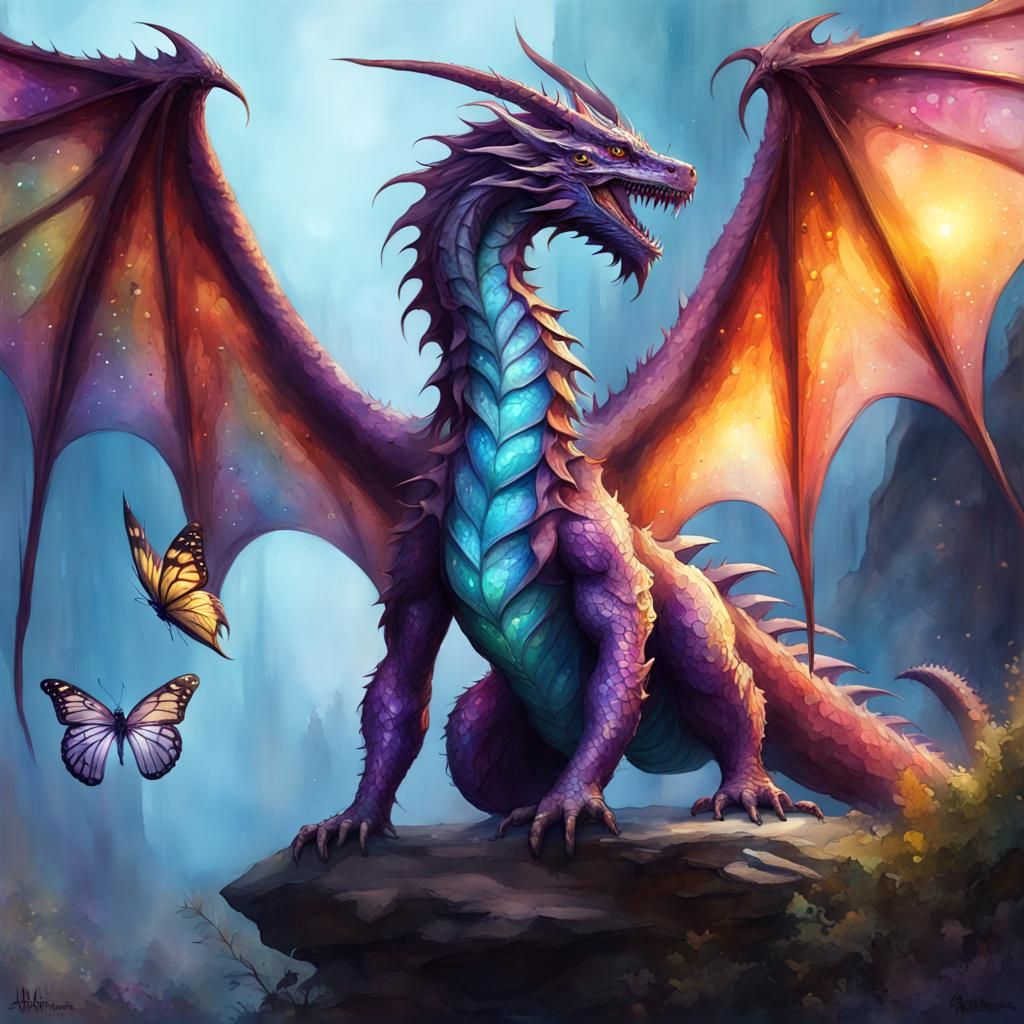 iridescent dragon with butterfly wings, watercolor - AI Generated ...