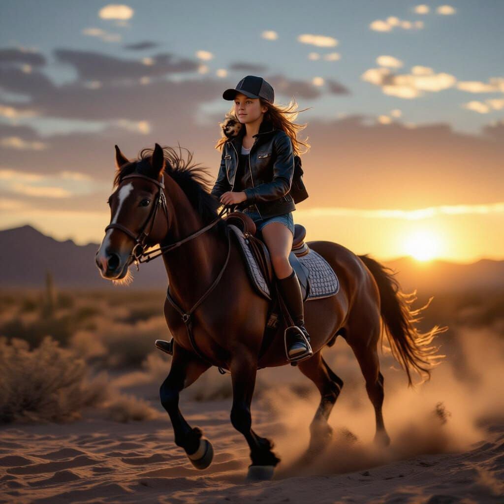 Girl Rides Pony in Desert at Sunset