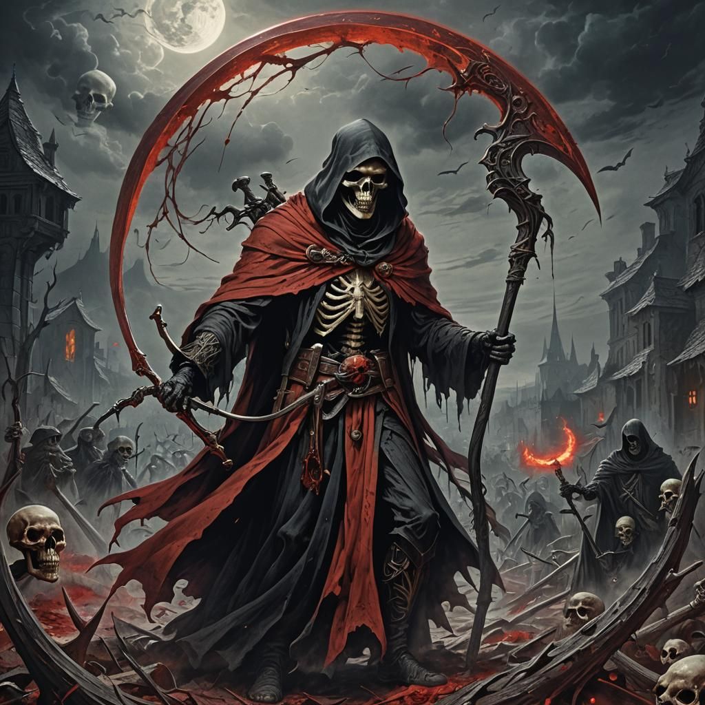 A grim reaper wielding a big scythe. The reaper is wearing a...