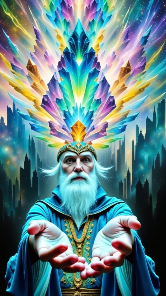 "Wizard Merlin, in a cave, with purple power Lots More crystals with light radiating out of > the center of them..to his< Prefect hands>, hy...