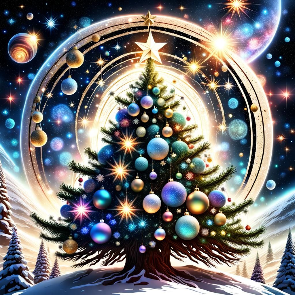 Christmas tree in space made of stars, long branches of star clusters