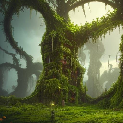 Overgrown city covered in vines and moss detailed matte pain...