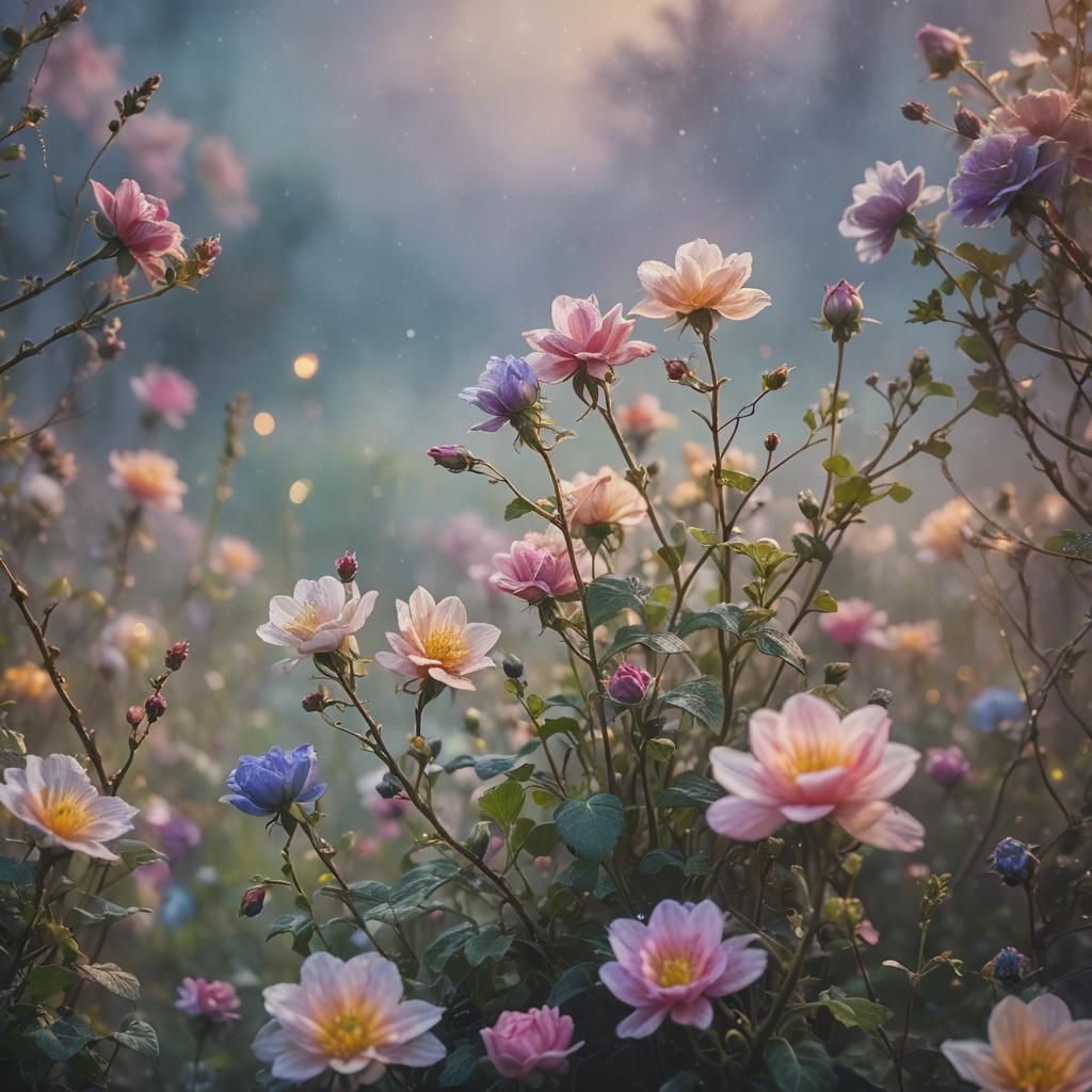 flowers, mist, Atmospheric. Fantasy style. HD, intricate, 8k, highly ...