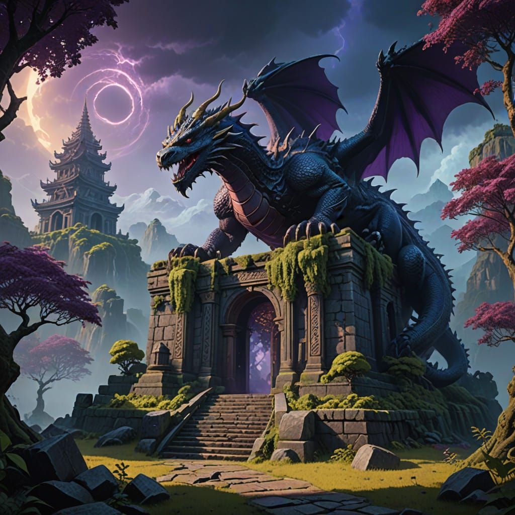 Dragon in Regal Splendor atop Ancient Temple Ruin in Unreal...