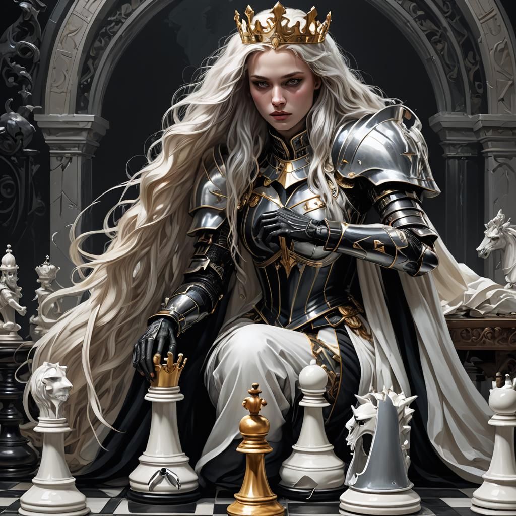 Magic Realism fantasy Black Knight chess piece standing over, A kneeling, long hair White Queen chess ...  by @Jen Jay