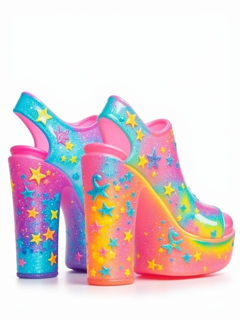 <lora:Frankly Lisa:1.0> The most Lisa Frank transparent lacy jelly glitter rainbow jelly shoes 