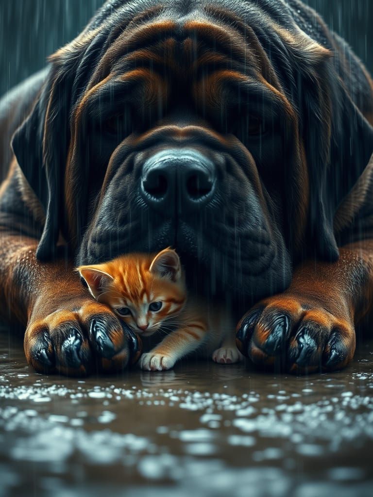 Doggo sheltering kitten  by @Kibbs