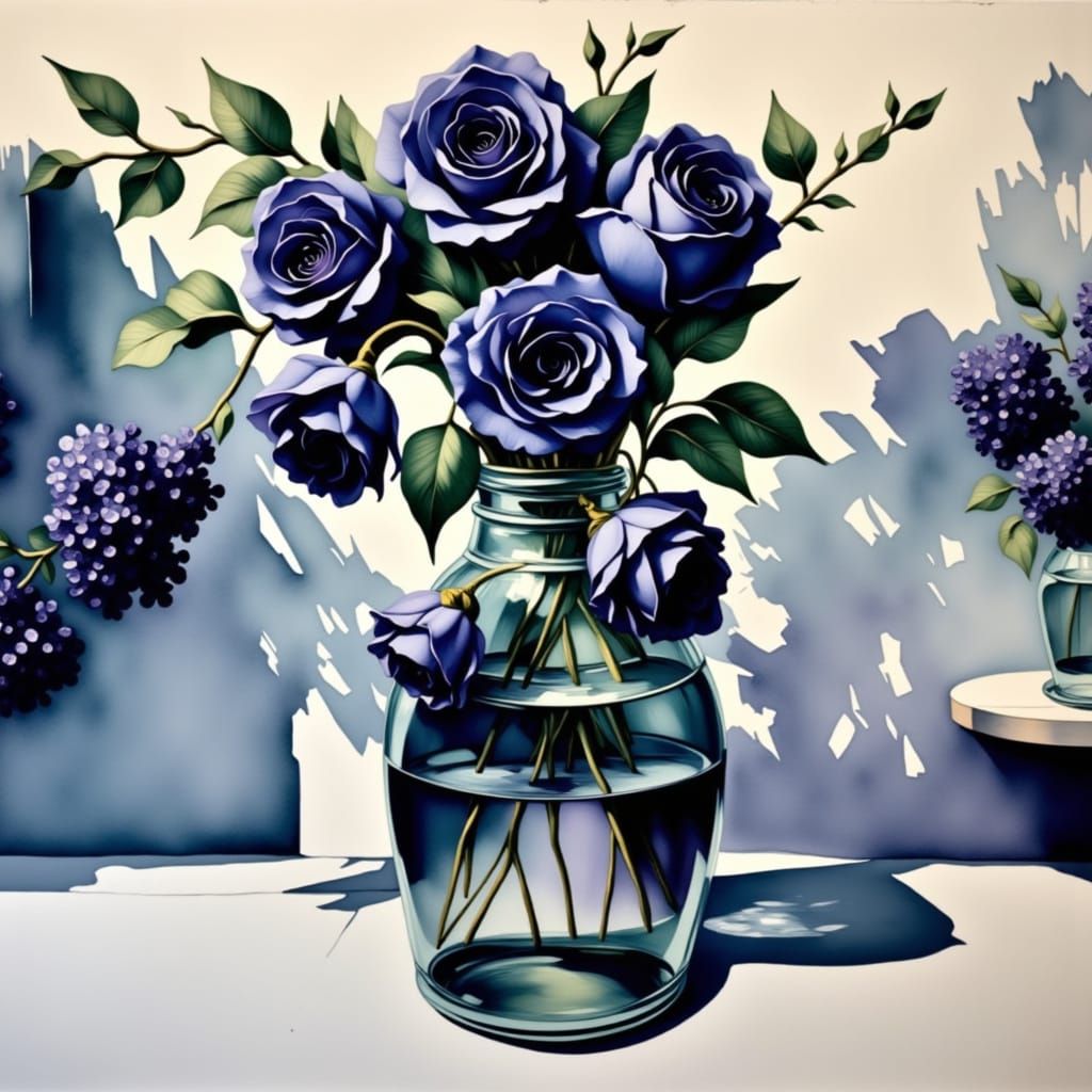 beautiful flower arrangement of black roses, <lora:LilaCraft:1.0> lilac, handmade water colors
