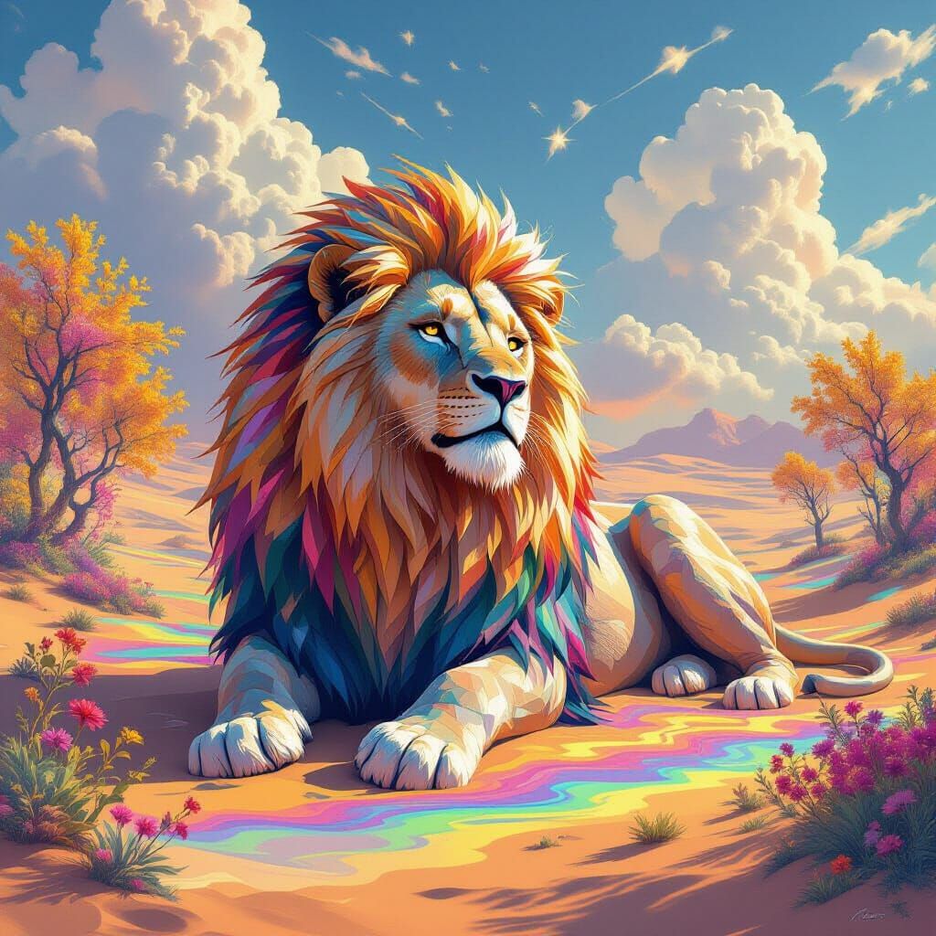 A vast desert of shifting rainbow sands where a colossal lion of multicolored stone rests motionless, his mane frozen like crystal flames. A...