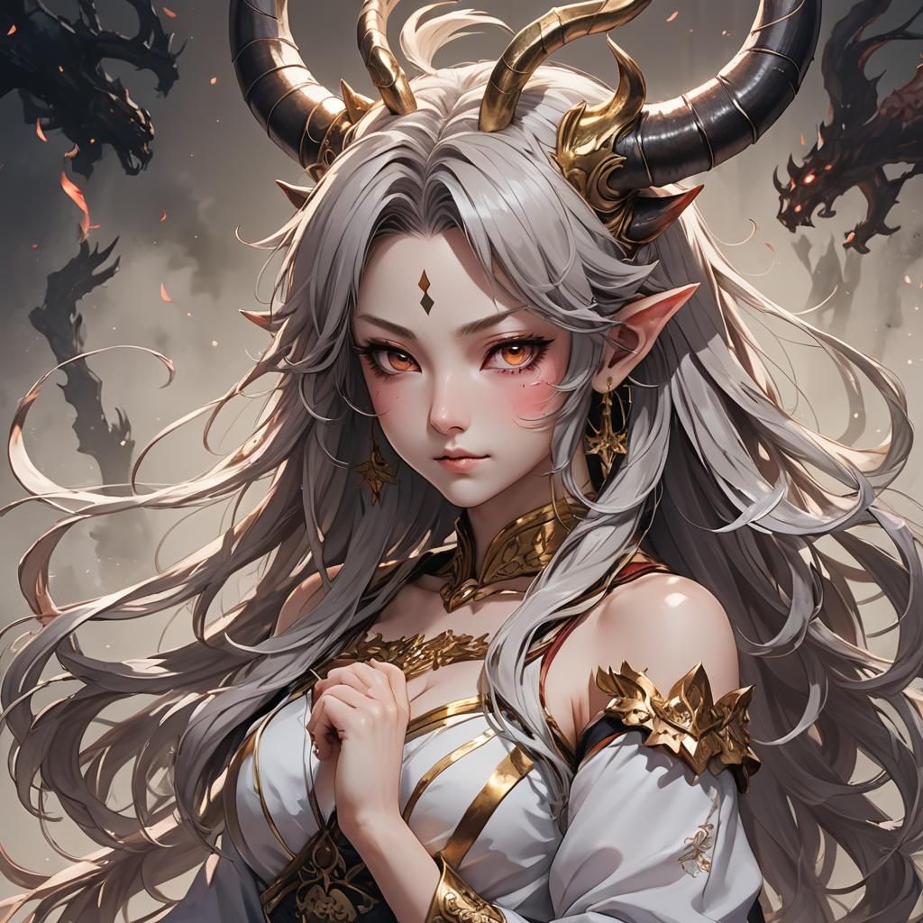 Masterpiece, perfect anatomy, ultra-detailed, shading, cinematic lighting,  japanese, demon goddess, mature face, blushed cheeks, horns, eyes... - AI  Generated Artwork - NightCafe Creator