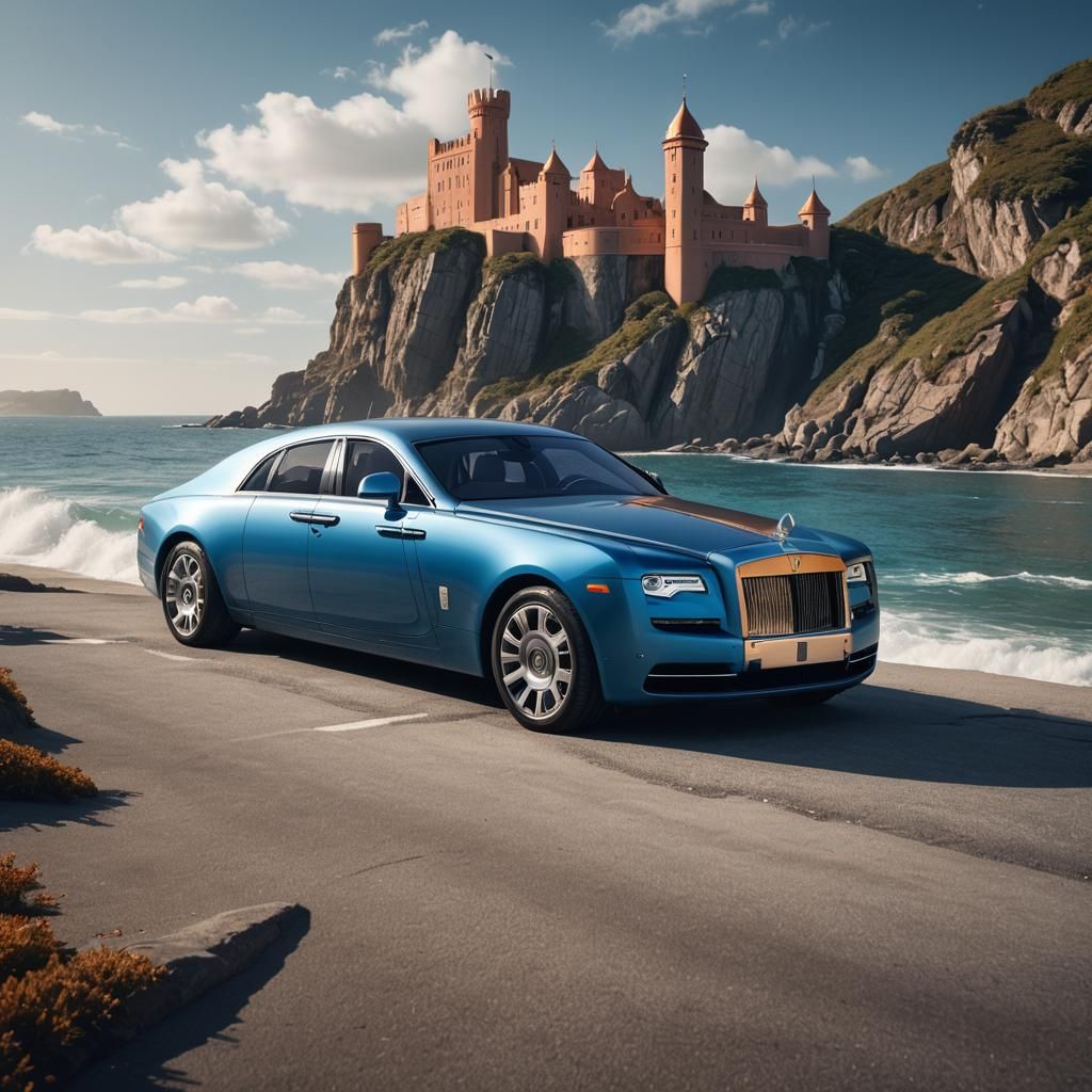 Rolls-Royce Supercar on Ocean Shoreline, Detailed Matte Pain...