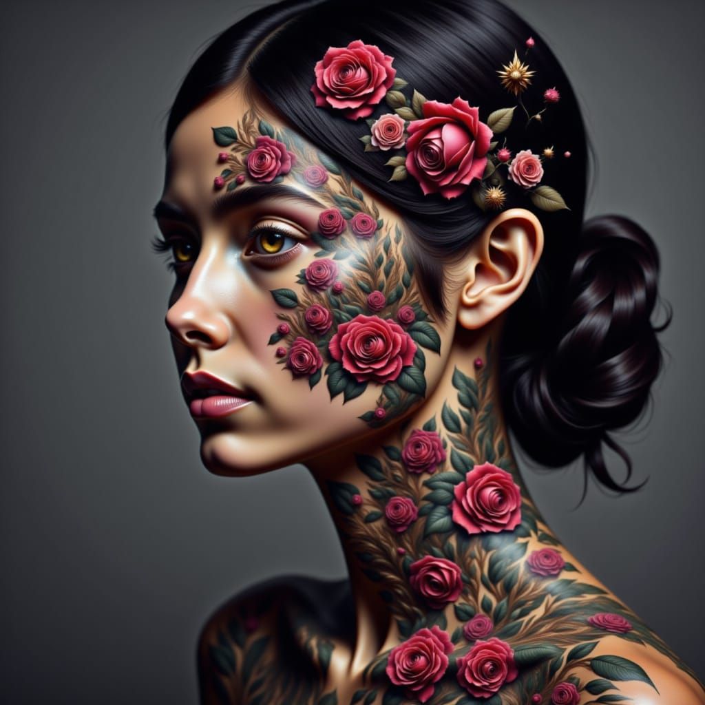 Tattooed woman of star kind with a rose of love <lora:3D Tattoos:1.0> <lora:Fiona Fantasy:1.0> <lora:Berbulu:1.0>