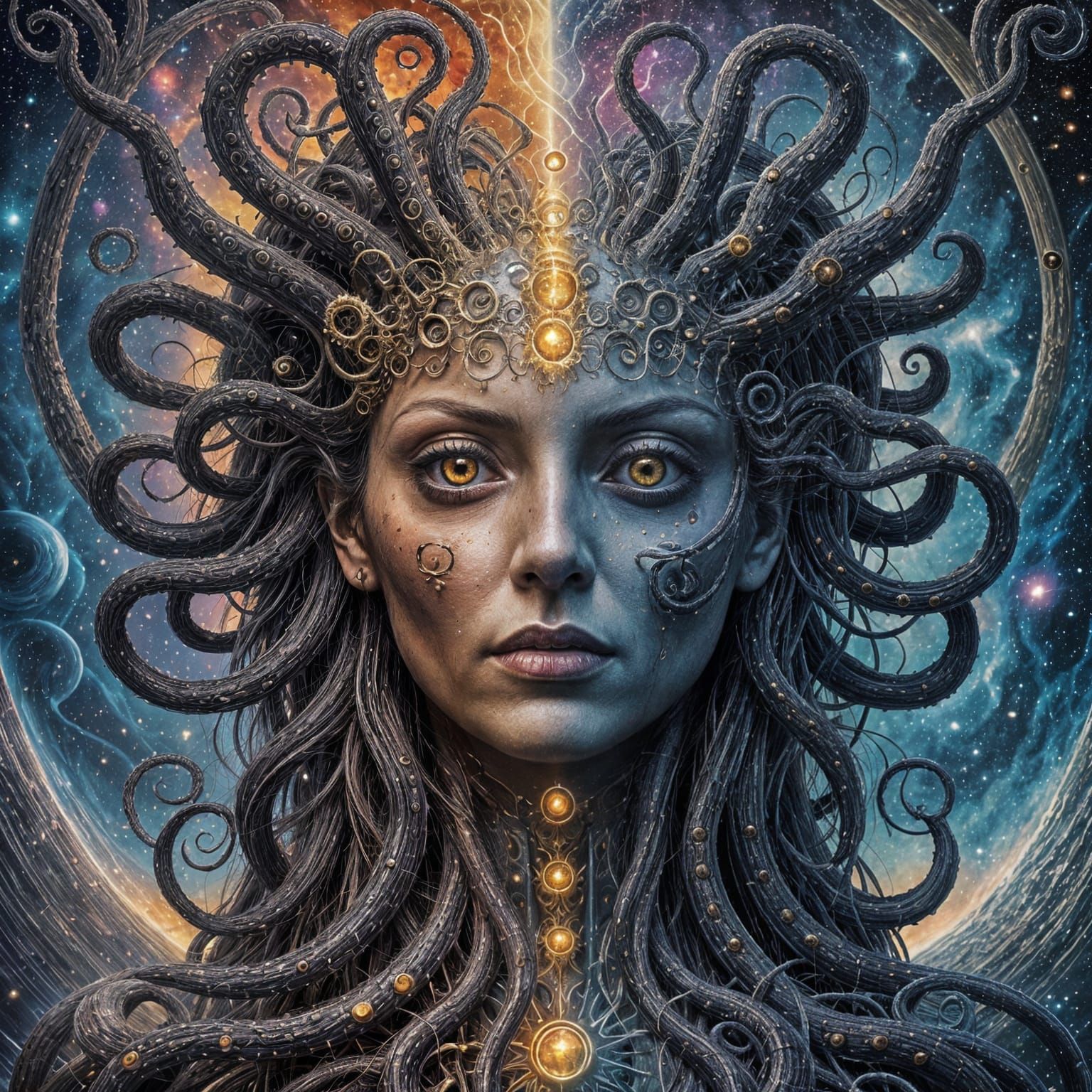 Split image, oil painting. One side showcases a powerful, roaring cosmic horror entity with tentacles and multiple eyes, emerging from a swi...