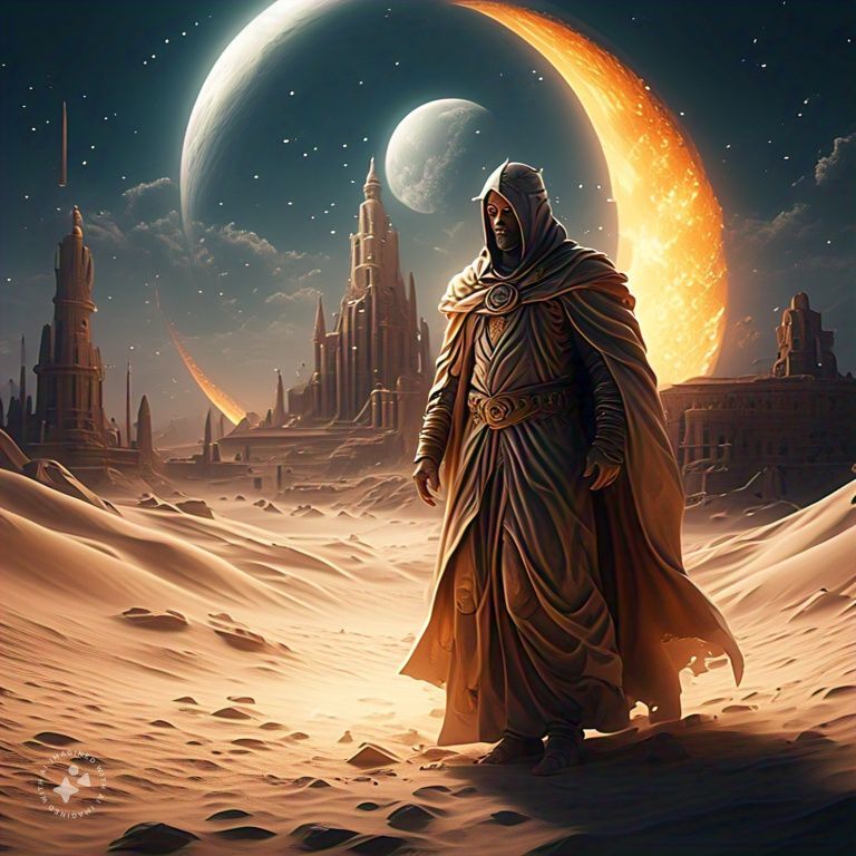 an ancient traveller cloaked in glowing robes walking throug...
