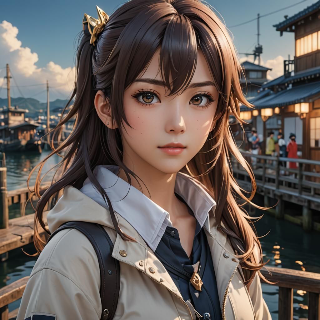 Attractive Trendy Anime Character! look at viewer, aesthetic, photorealistic Docks background, close-up,artistic ...  by @Nyxator 