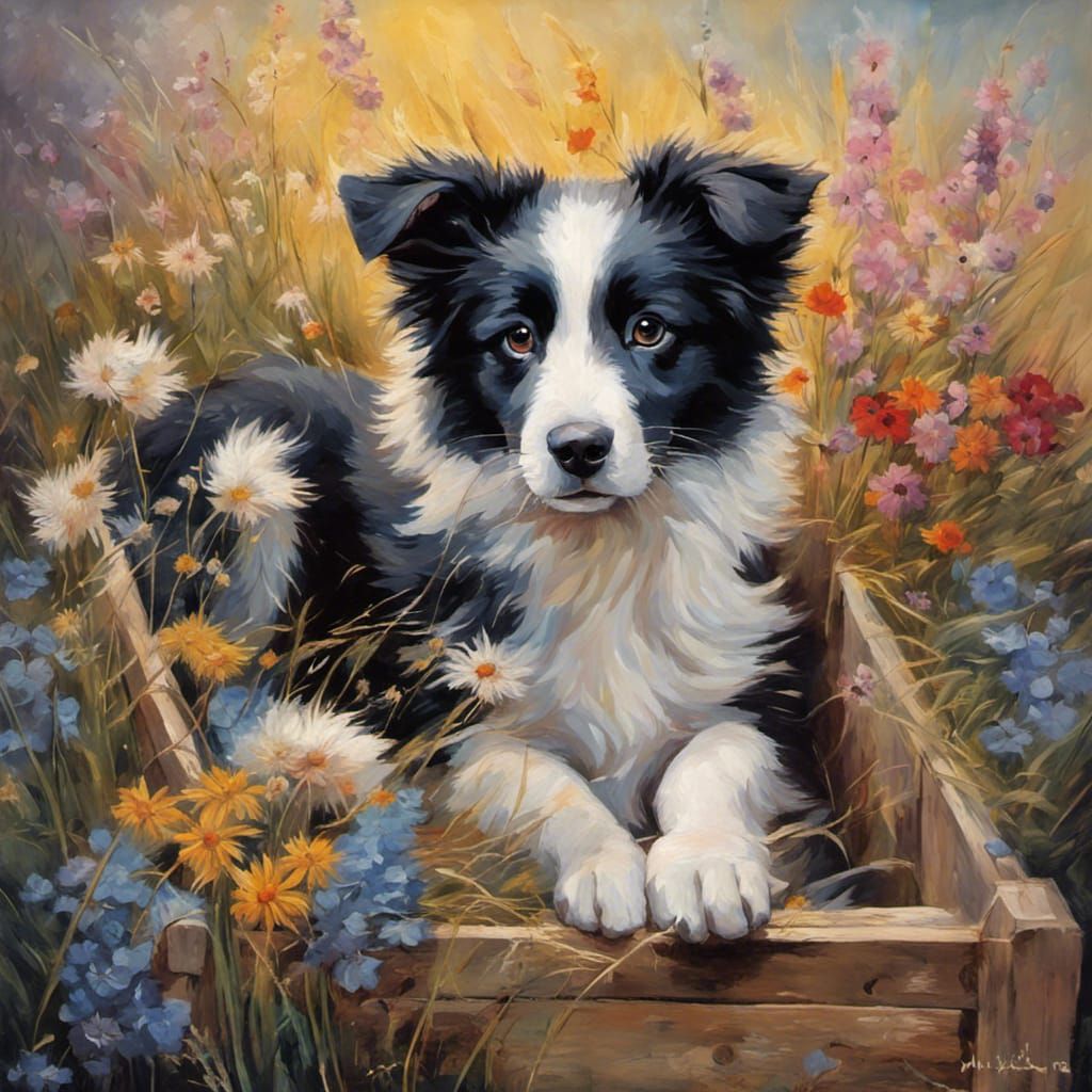 Cute Border Collie puppy in a wooden crate surrounded by wildflowers