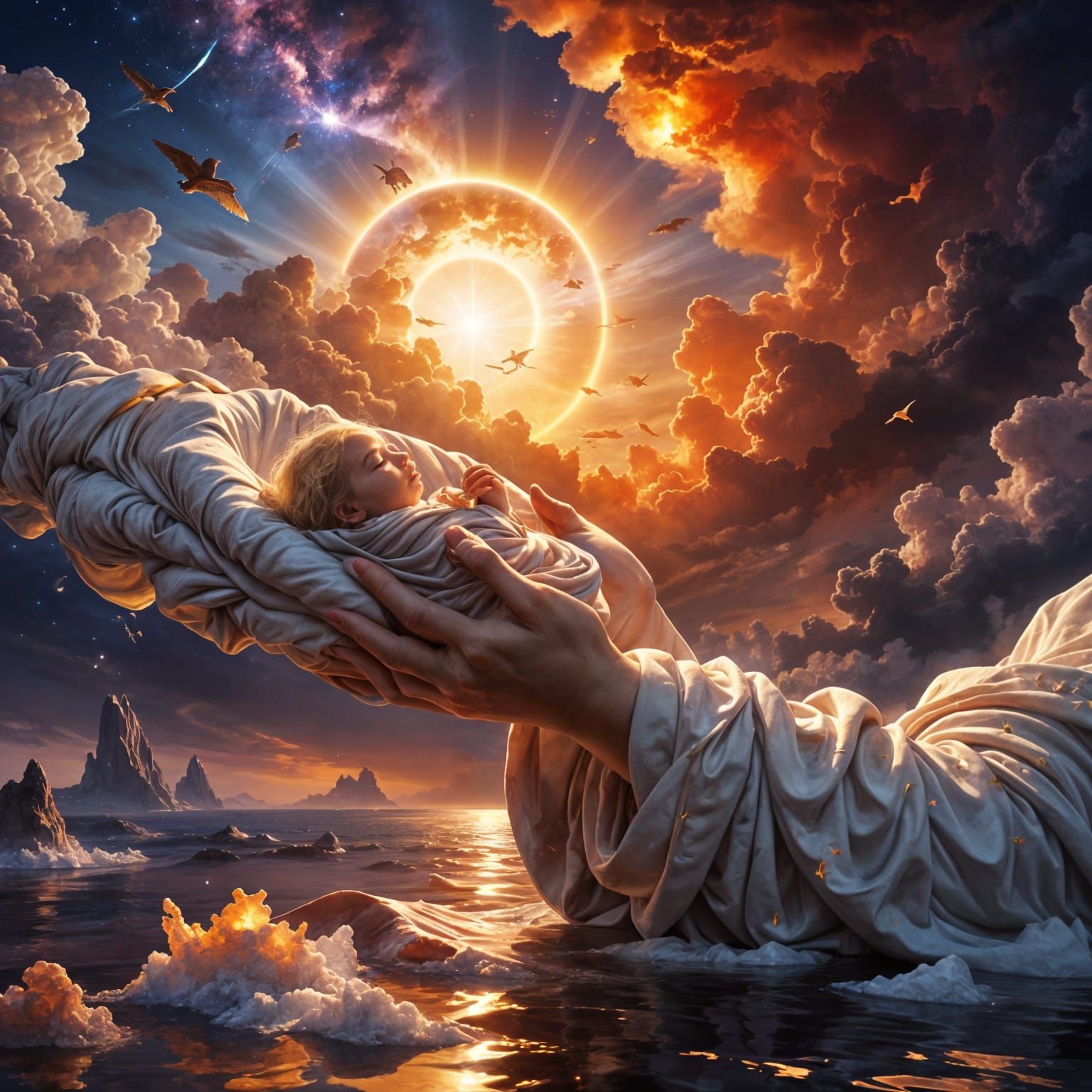  Concept art. A divine stone hand descended from the heavens holds a sleeping blonde baby covered in a blanket in its palm. Reflections burn...