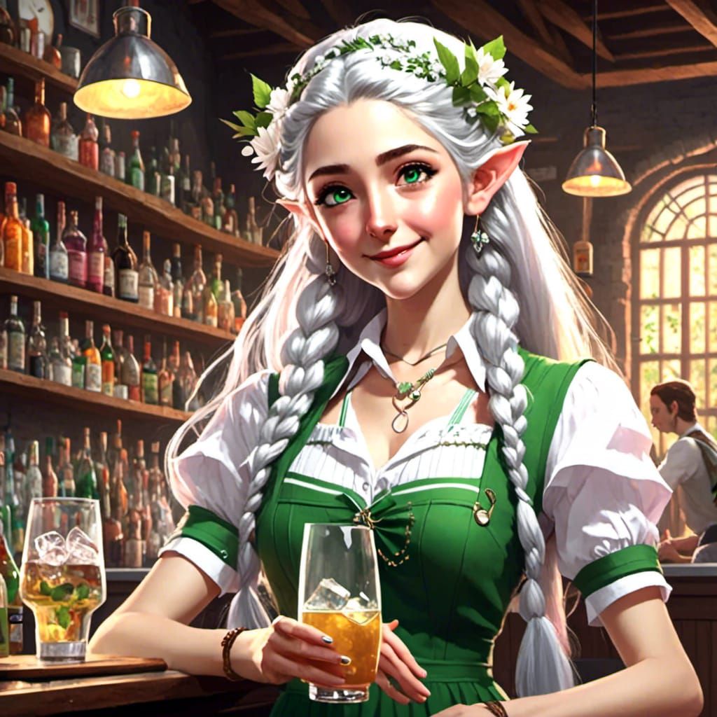 <lora:Teranie Whiterose:1.0> as a bartender in modern times