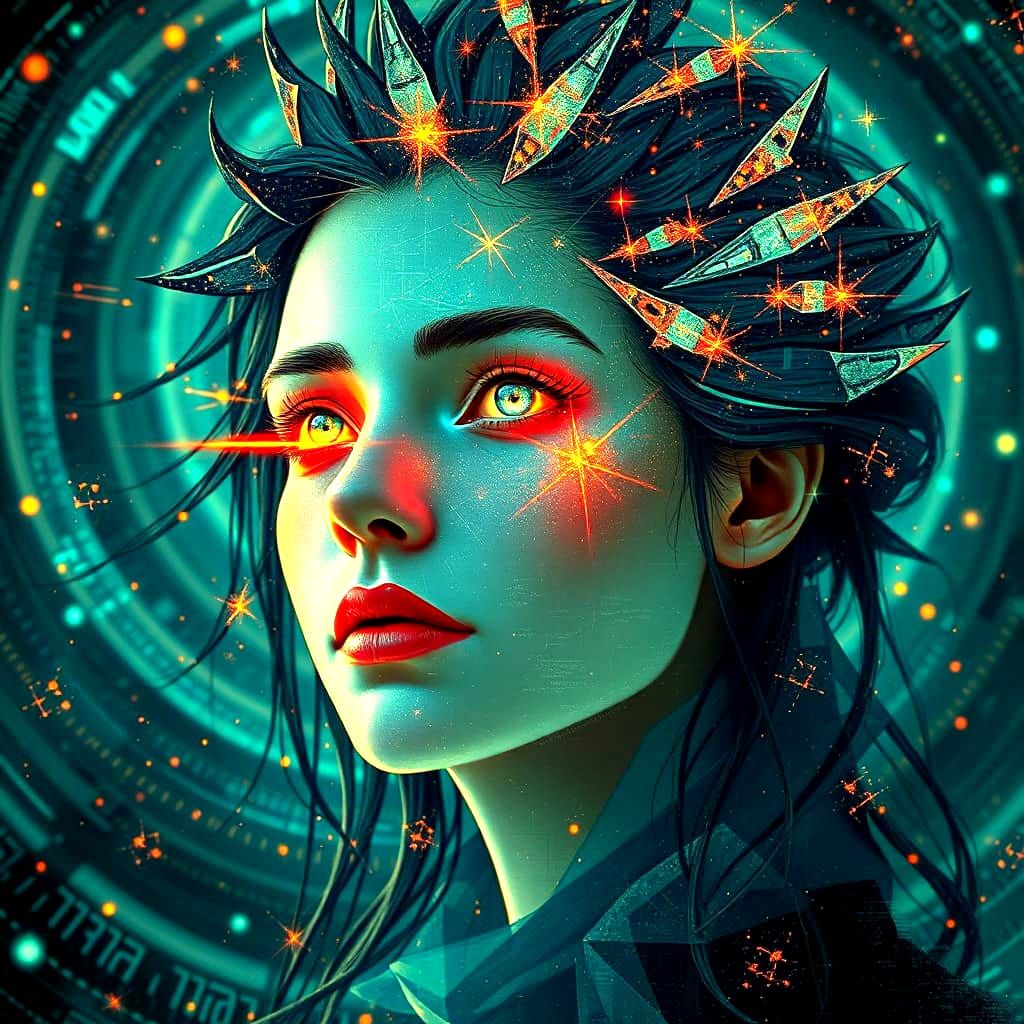  A portrait of a bioluminescent woman, her face distorted by digital glitches and chromatic aberrations. Her mane of starlight is fragmented...