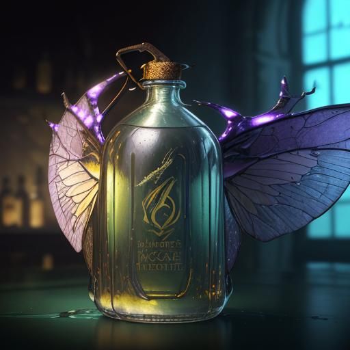 A encased beetle wing potion bottle