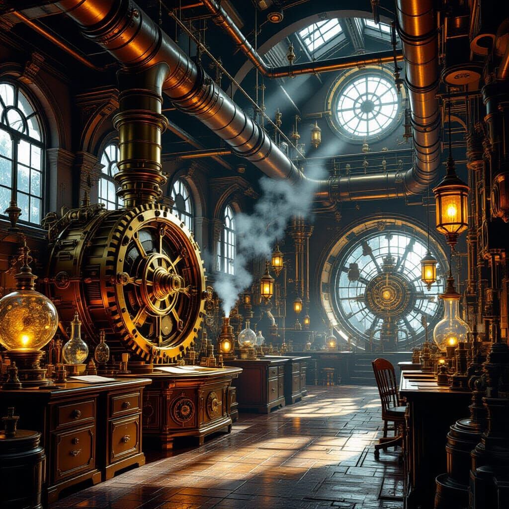 "Steampunk laboratory with giant gears, glowing inventions, atmospheric 8K"
